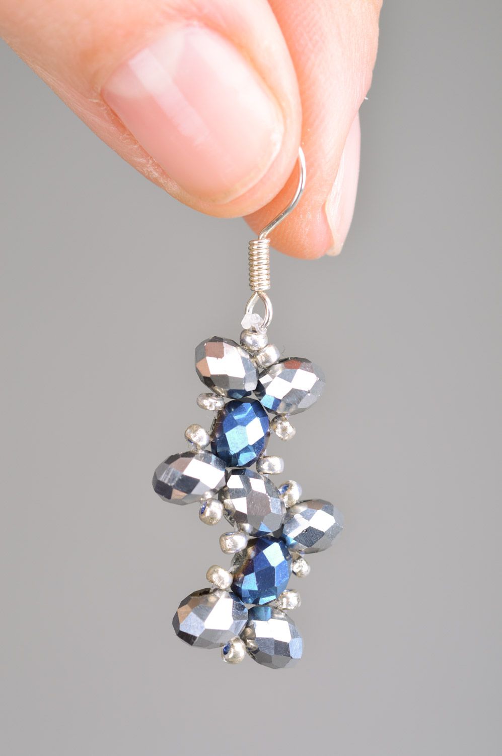 Handmade evening elegant dangle earrings with faceted blue beads for ladies  photo 3