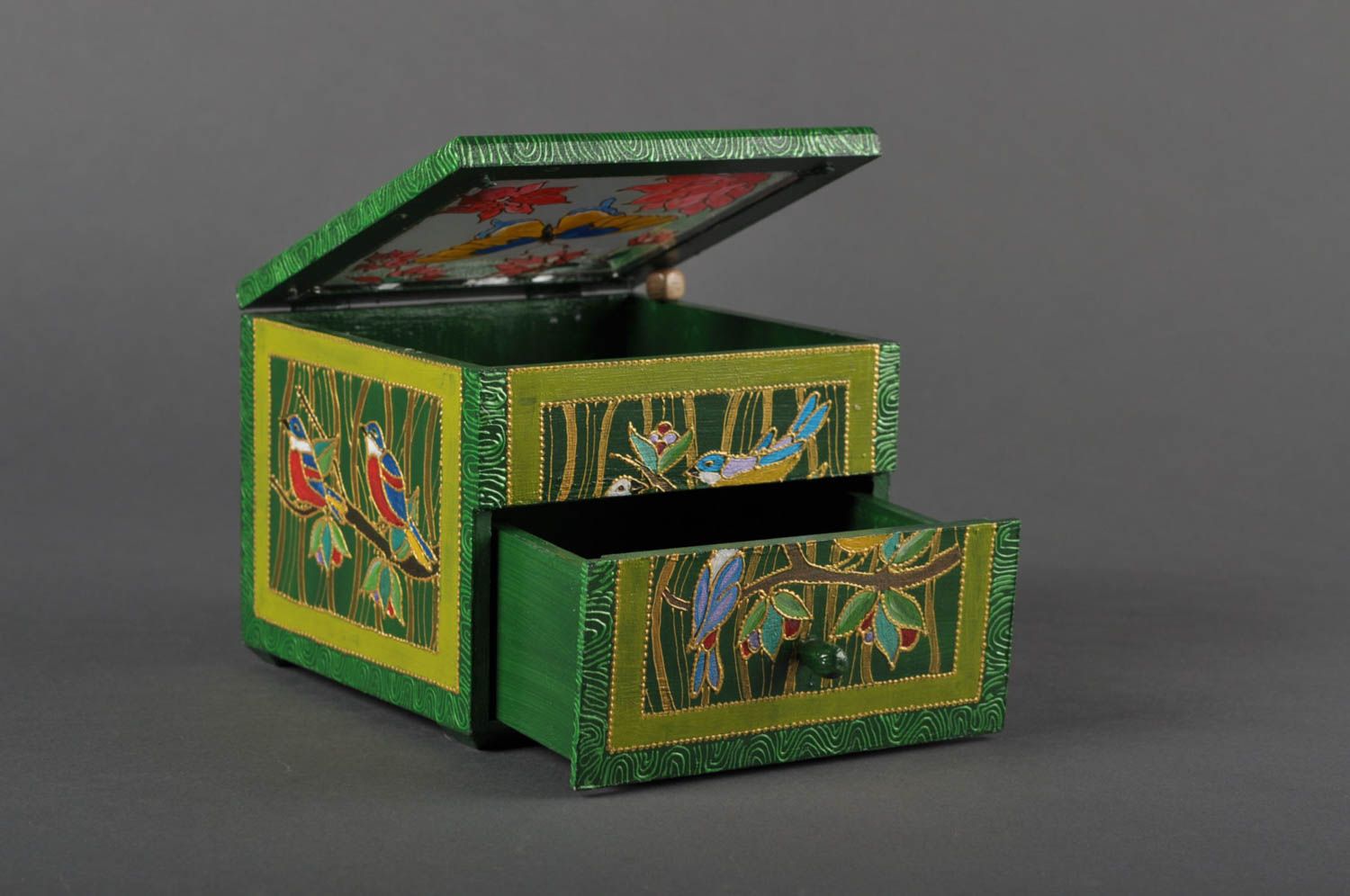 Шкатулка ручной работы мини-комод деревянная шкатулка зеленая с птичками фото 2