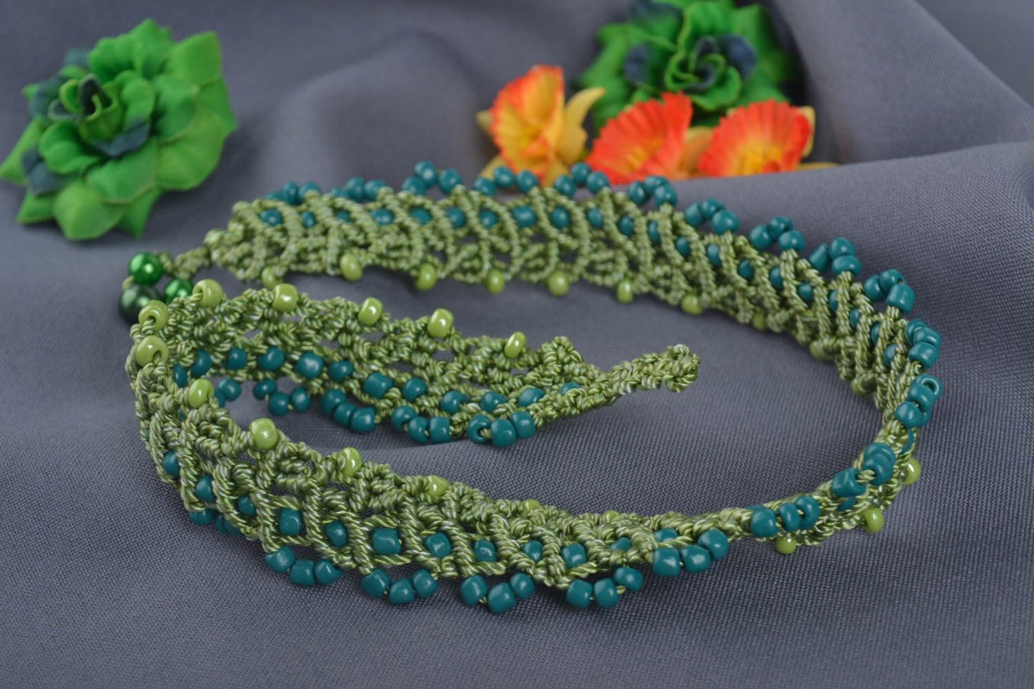Handmade beaded jewelry unusual necklace gift stylish green textile necklace photo 1