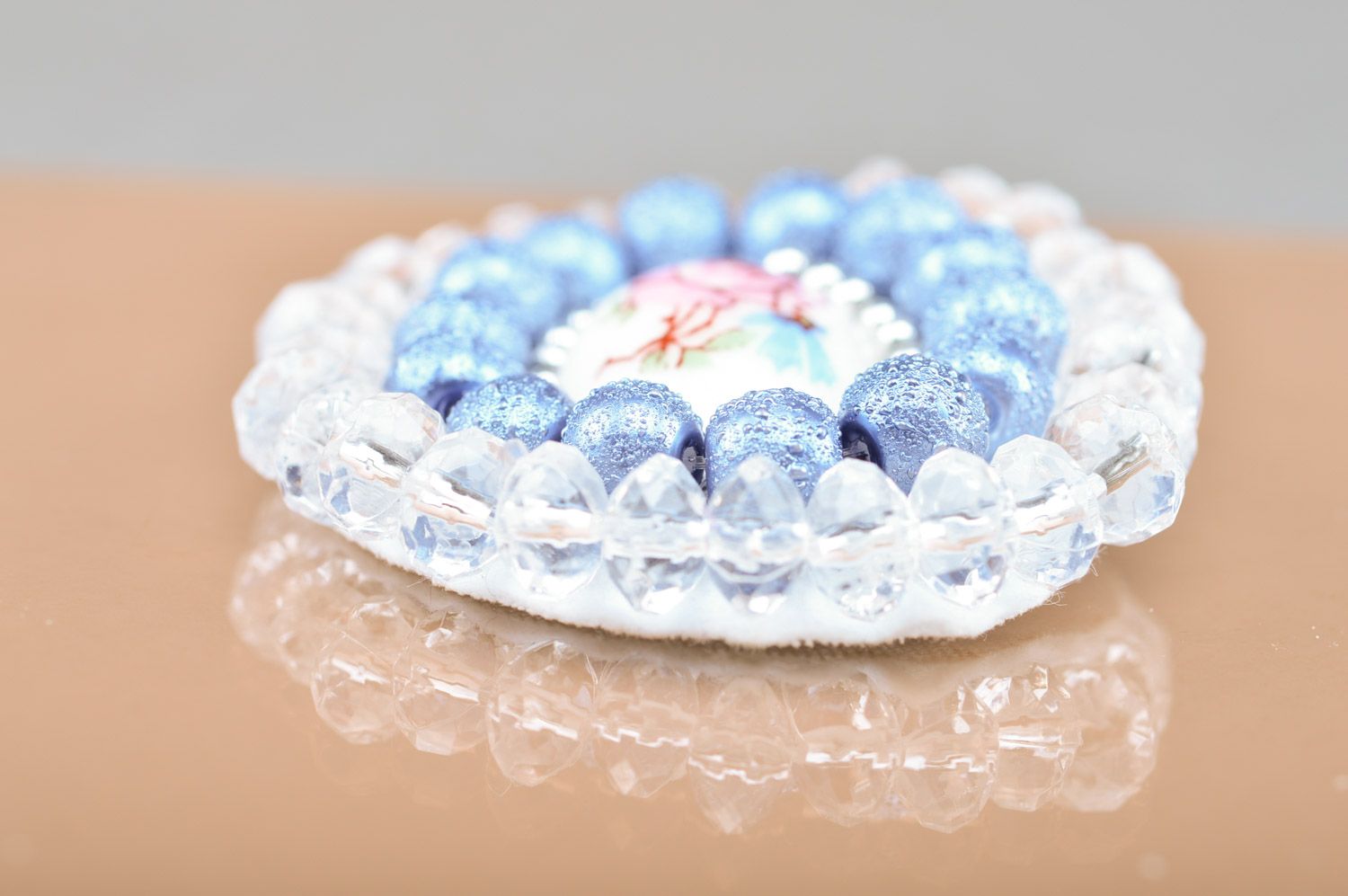 Handmade round bead embroidered brooch with cameo in tender color palette photo 1