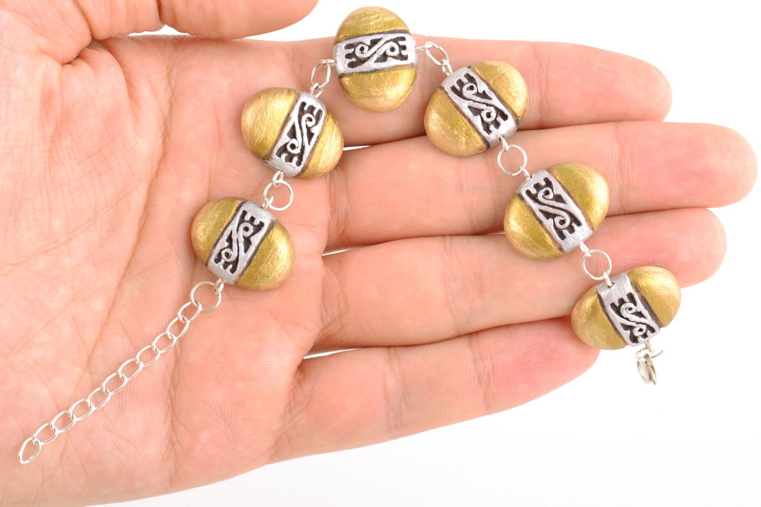 Bracelet en perles céramiques jaunes peint sur chaînette fait main pour femme photo 2
