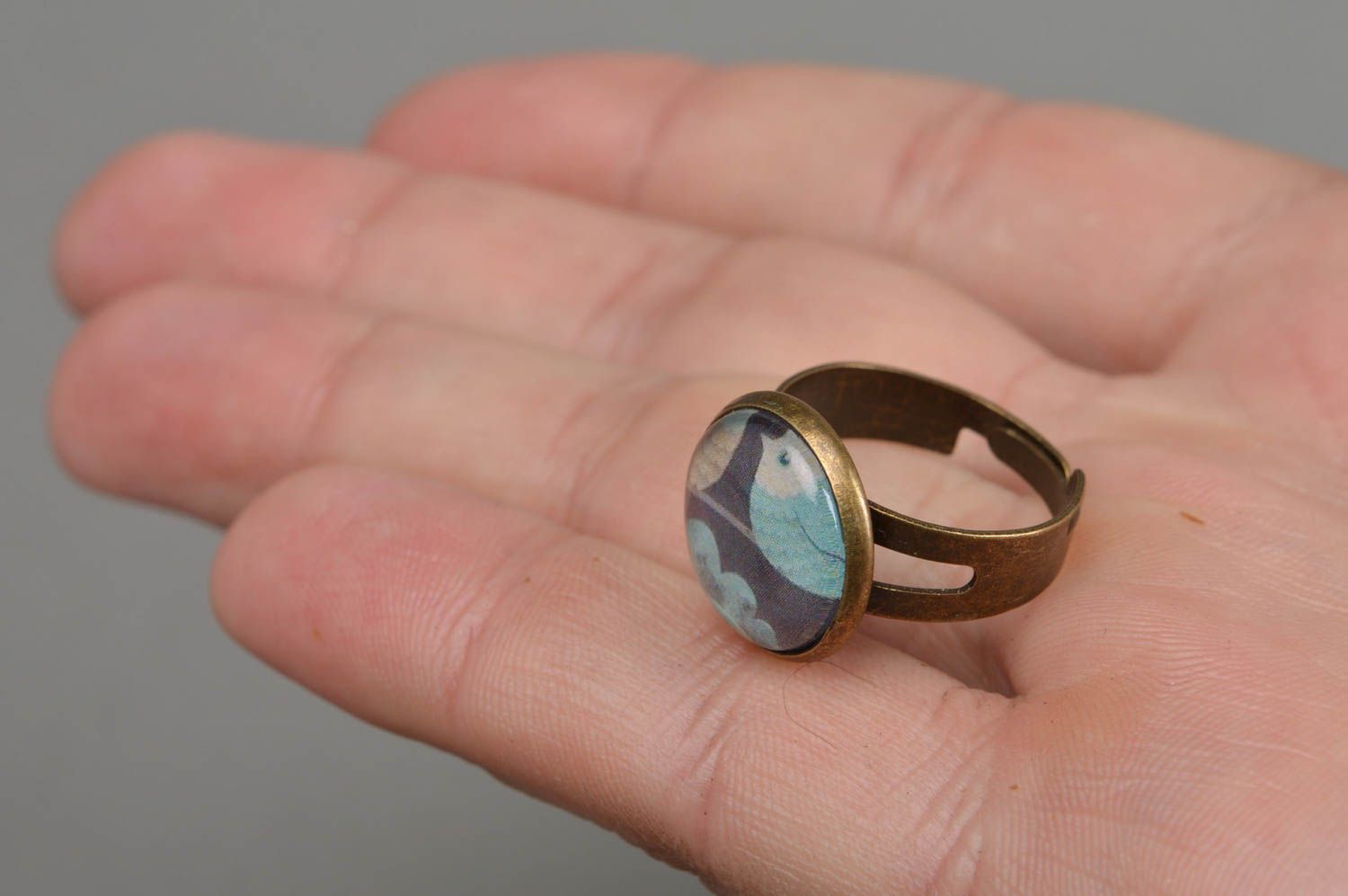 Unusual beautiful round shaped handmade decoupage ring with print photo 4
