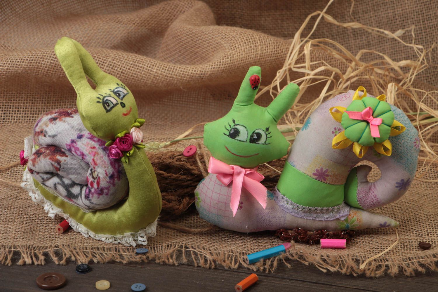 Set of 2 handmade designer colorful fabric soft toys Snails for children photo 1