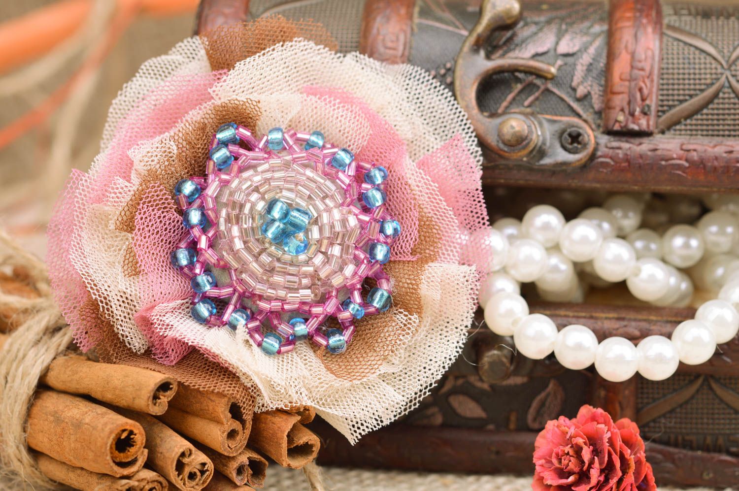 Handmade textile hairpin brooch made of tulle with beads in pastel shades photo 1