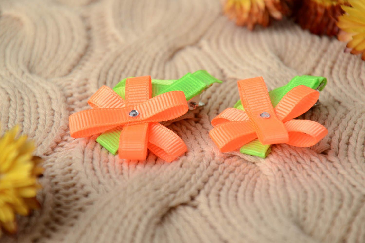 Handmade set of children's orange hair clips with flowers made of rep ribbons 2 pieces photo 1