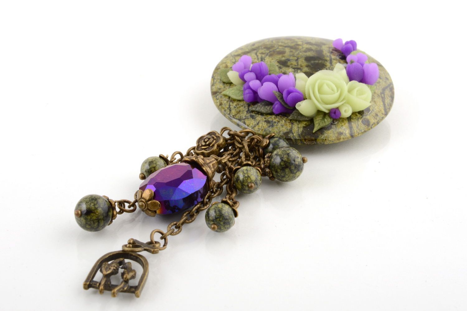 Round stylish handmade beautiful brooch with charm and natural stone Jade photo 3
