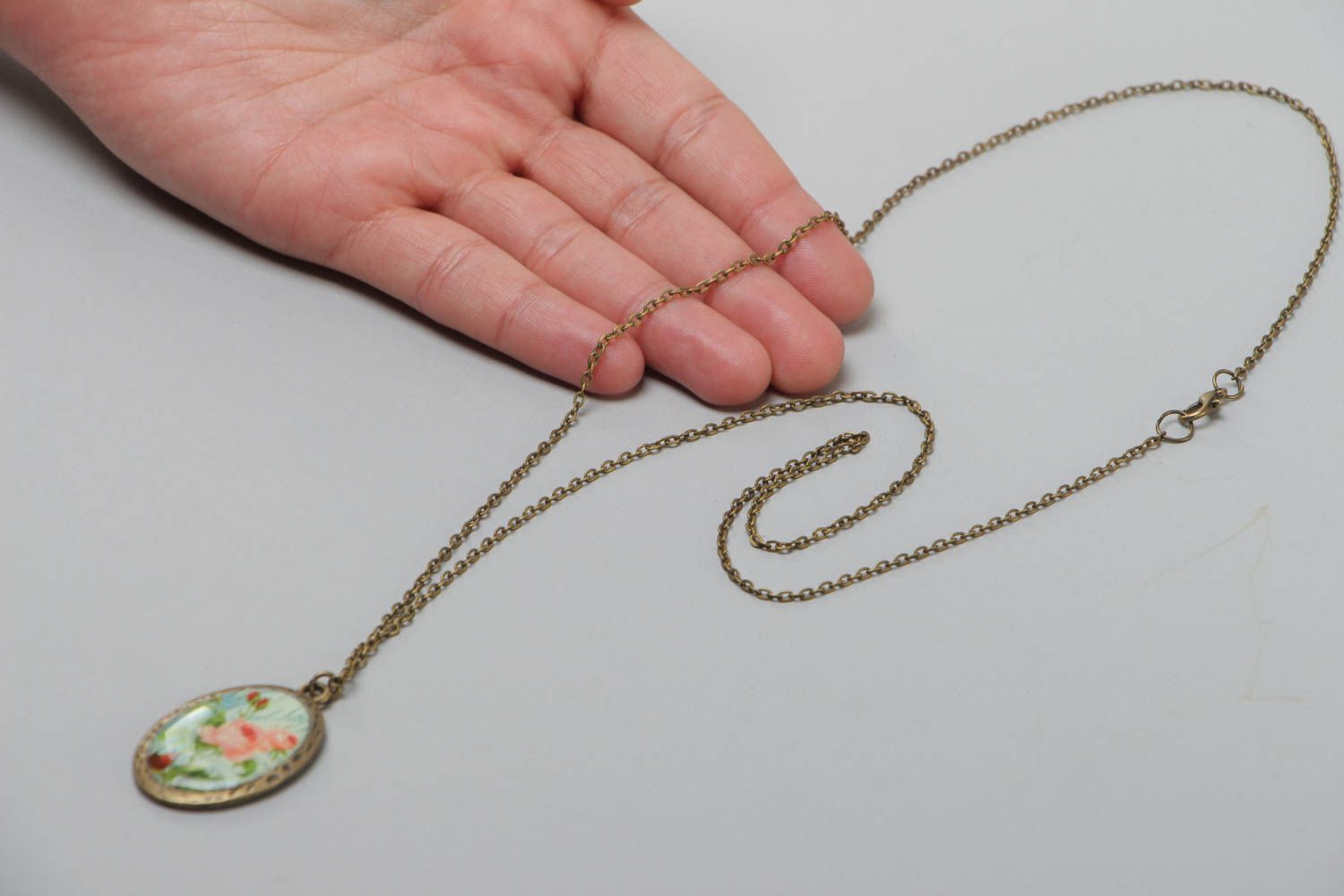 Handmade oval glassy glaze pendant with beautiful print on long chain photo 5