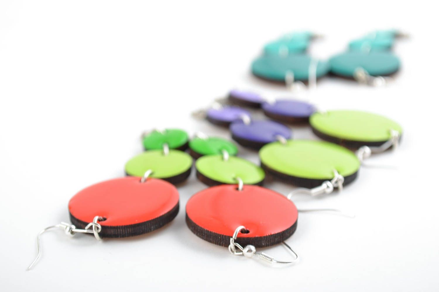 Handmade long dangle colorful painted wooden earrings set of 3 pairs photo 5
