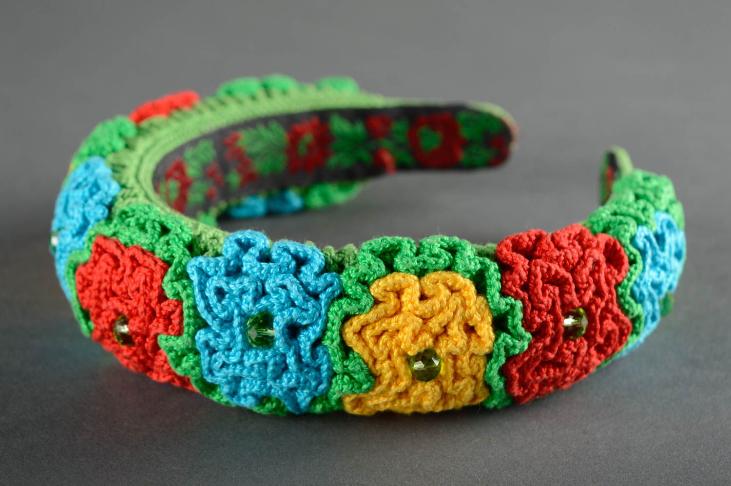 Colorful headband with crochet flowers and beads photo 1