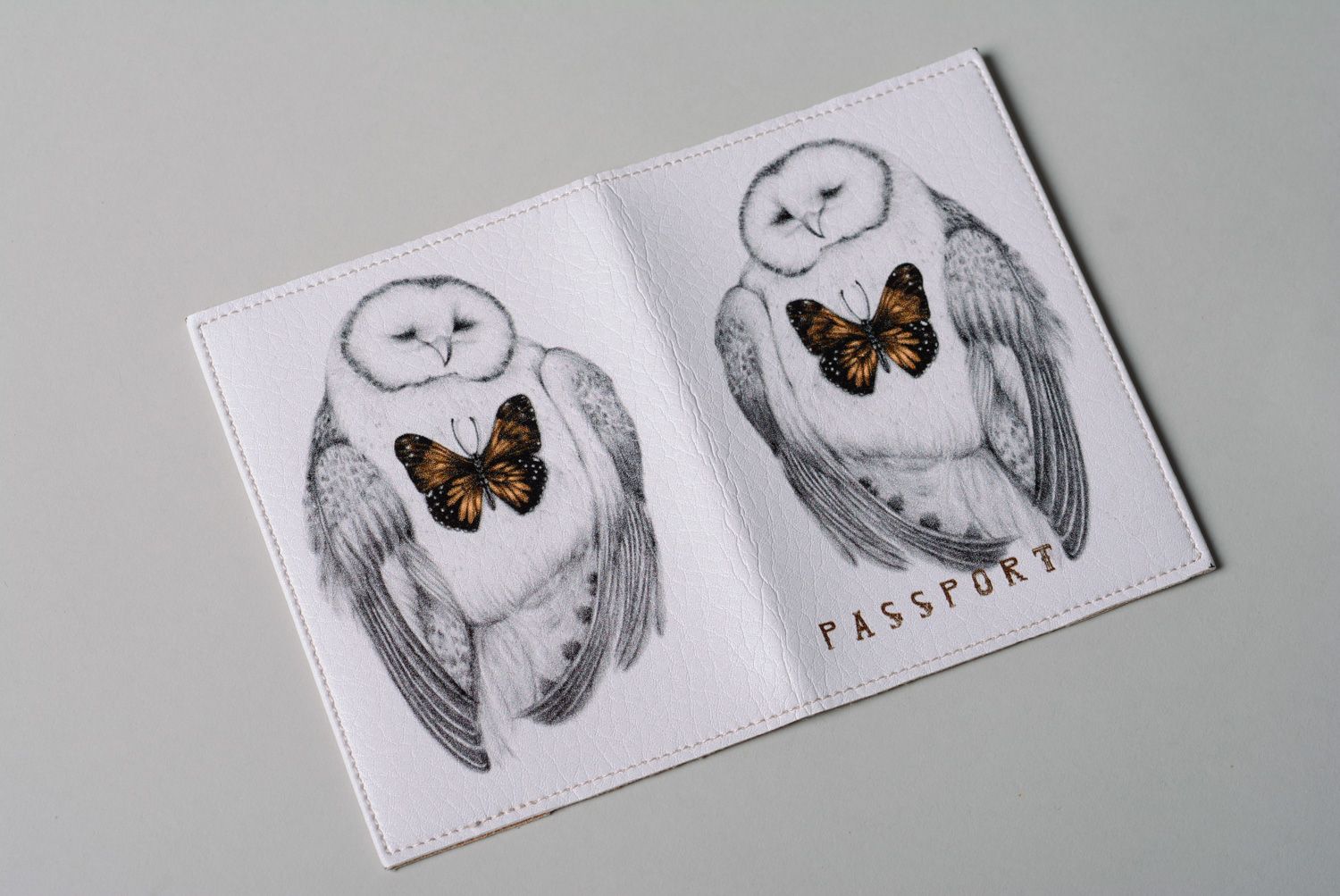 White handmade leather passport cover with owl print photo 2
