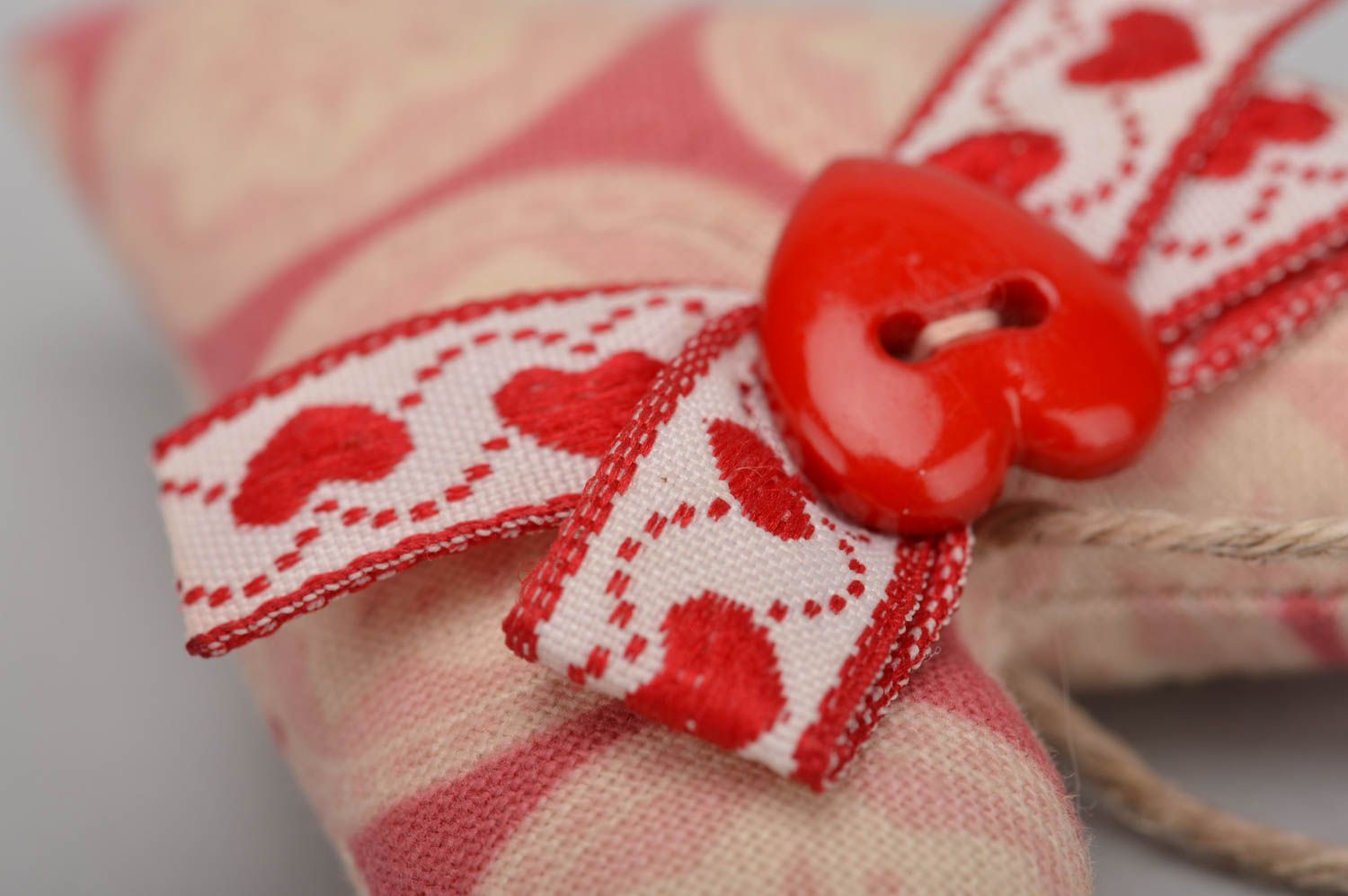 Handmade decorative wall hanging soft heart sewn of fabric with vanilla aroma photo 5