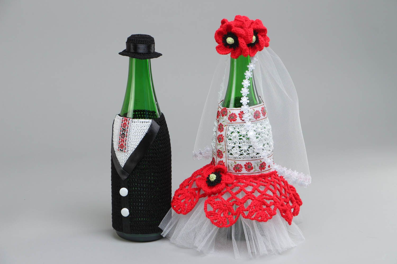 Handmade crochet wedding bottle covers Bride and Groom photo 2