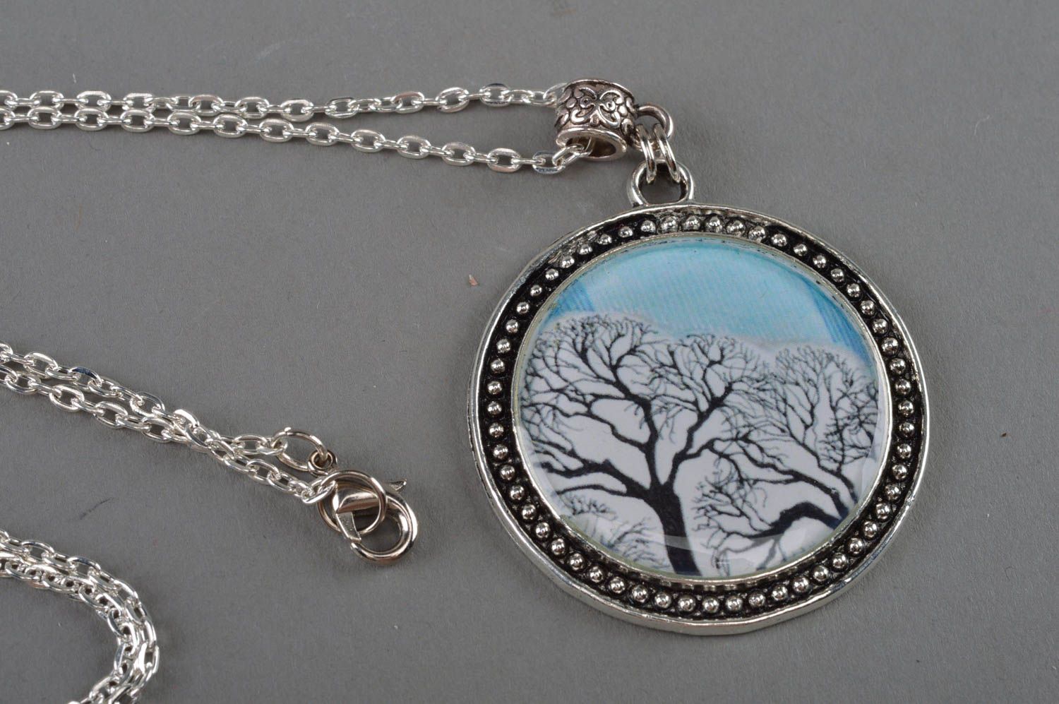 Beautiful handmade round decoupage pendant on chain with epoxy coating photo 2