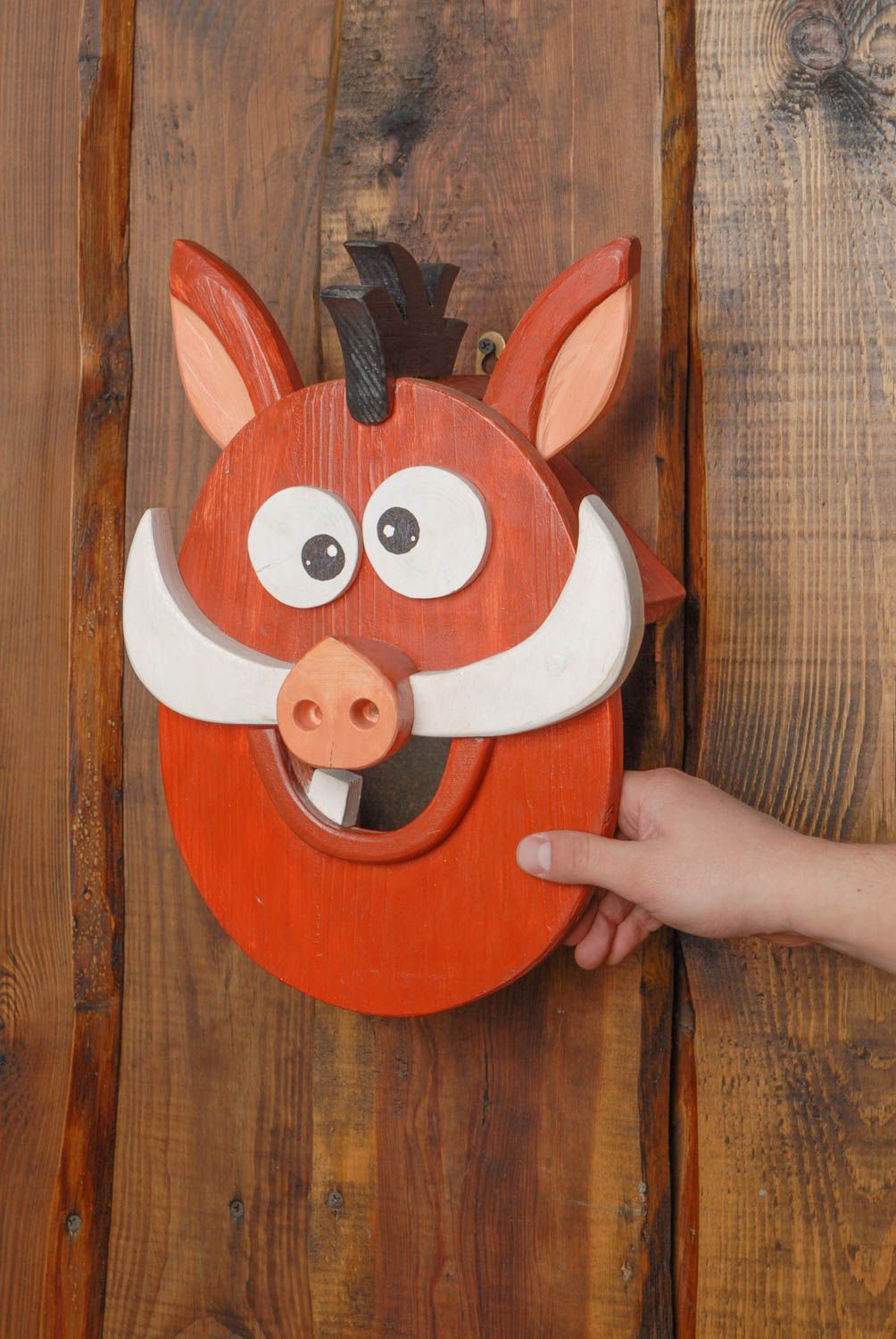 Handmade wooden birdhouse in the shape of boar photo 2