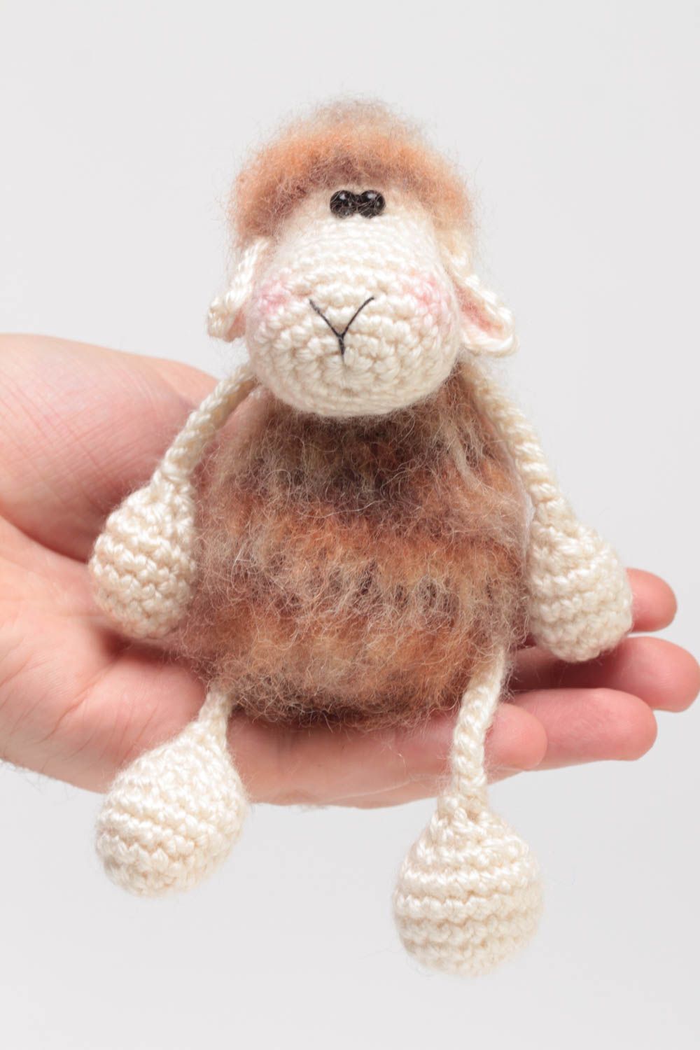 Handmade small crocheted soft toy lamb with fluffy body in beige color shades photo 5