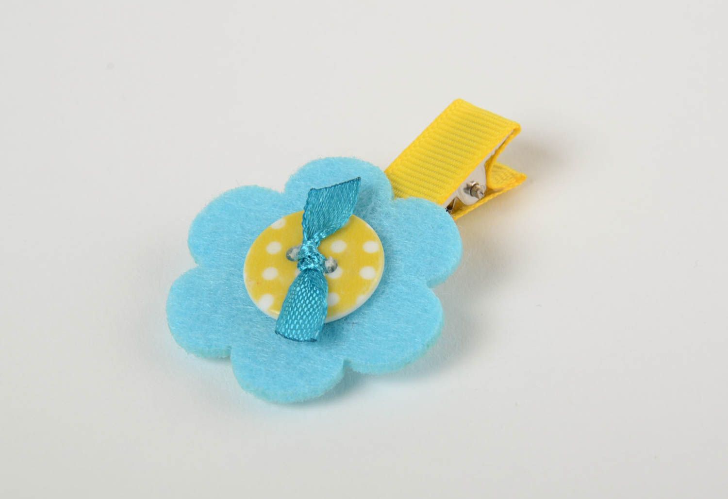 Pince à cheveux fleur bleue jaune originale faite main bijou pour fillette photo 2