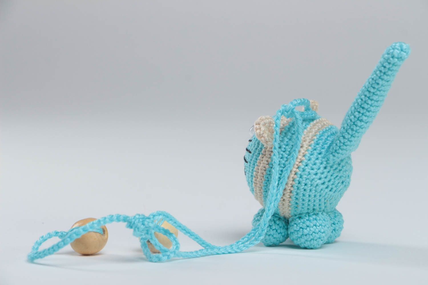 Crocheted cotton rattle small blue cat handmade toy for little children photo 4