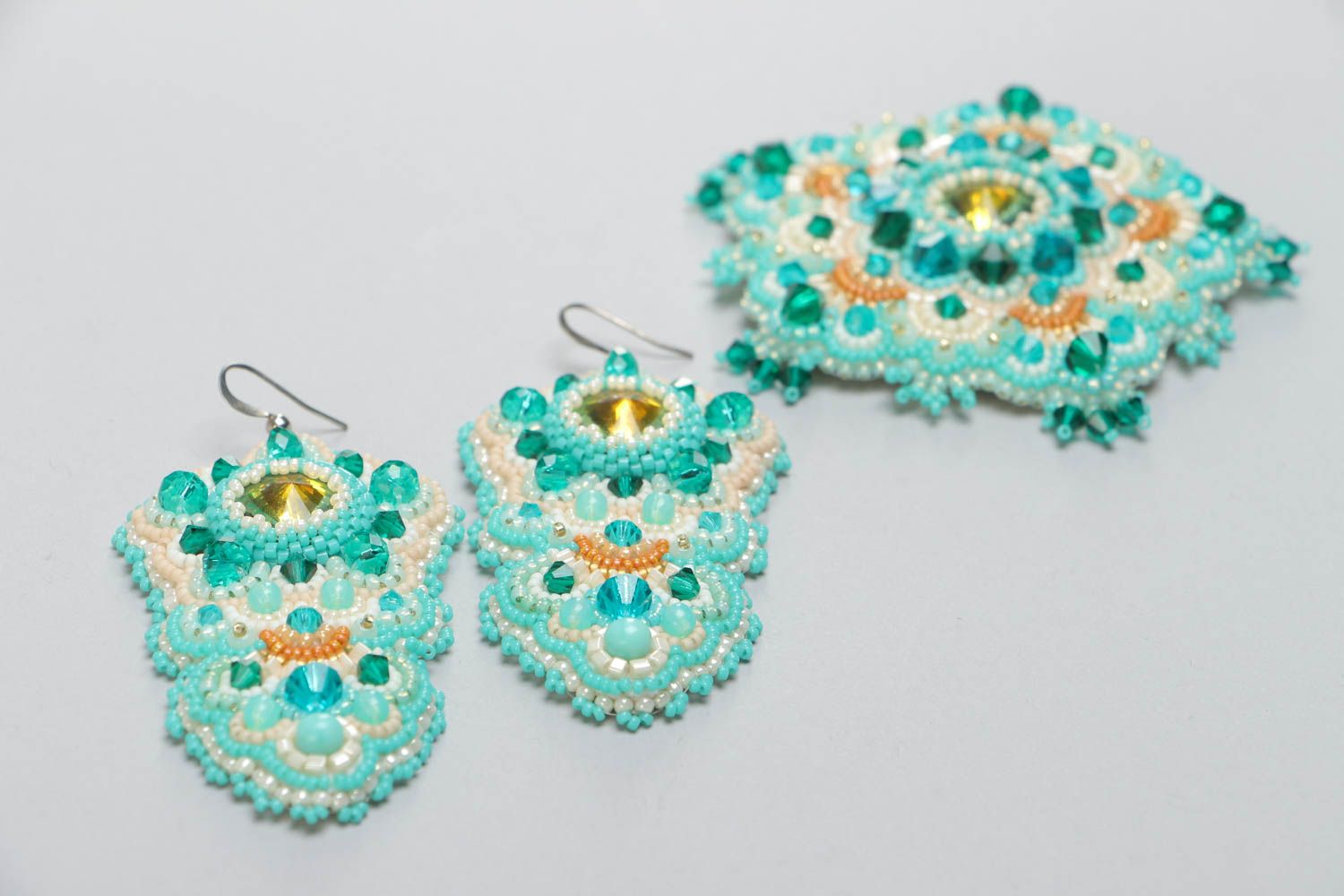 Set of handmade brooch and earrings embroidered with beads and Austrian crystals photo 3