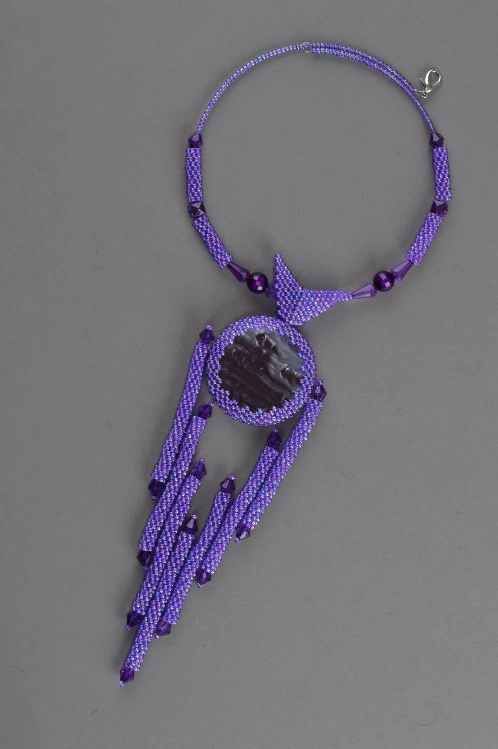 Handmade necklace made of beads purple beautiful accessory woven jewelry photo 3