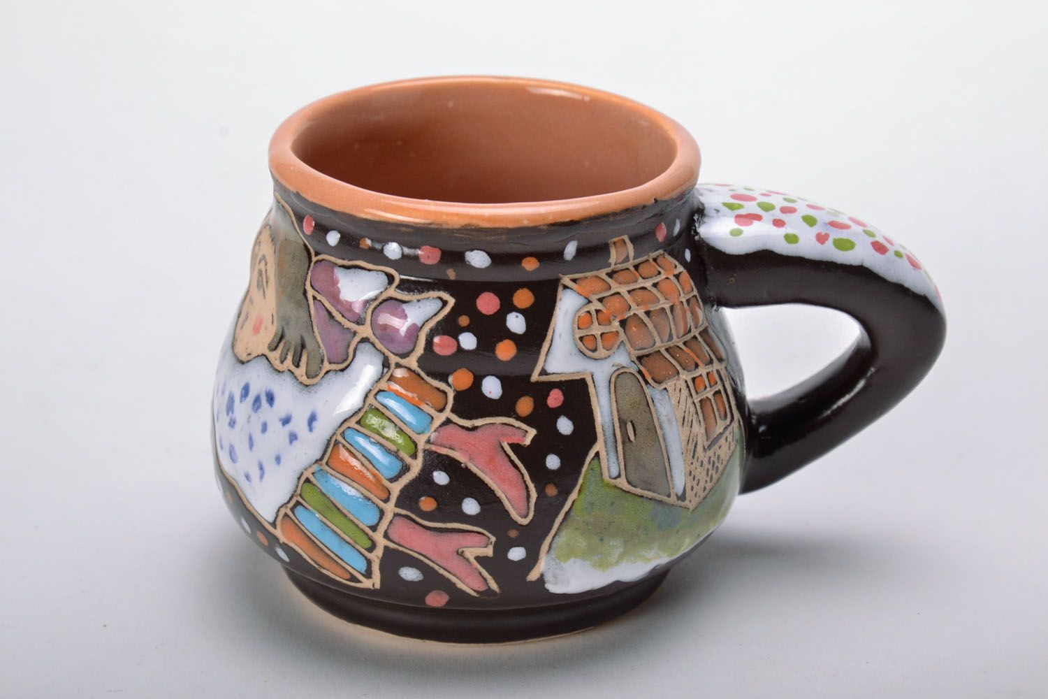 Tasse en céramique peinte d'émaux multicolores faite main originale Oies-cygnes photo 2