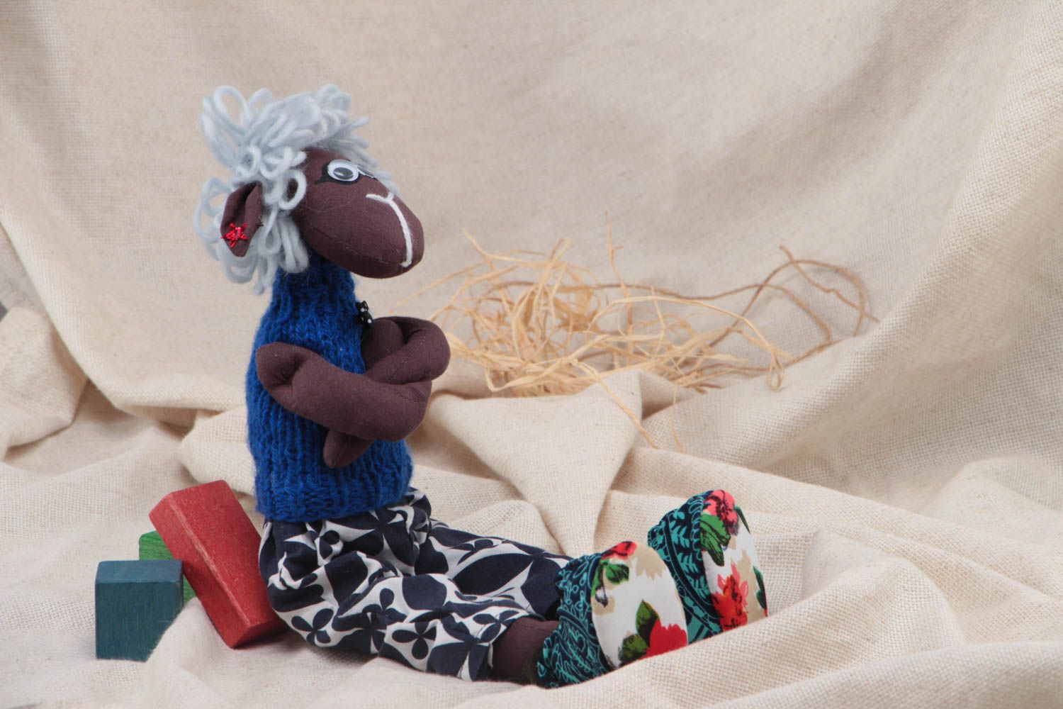 Handmade designer soft toy sewn of colorful cotton and jersey fabrics Lamb photo 1