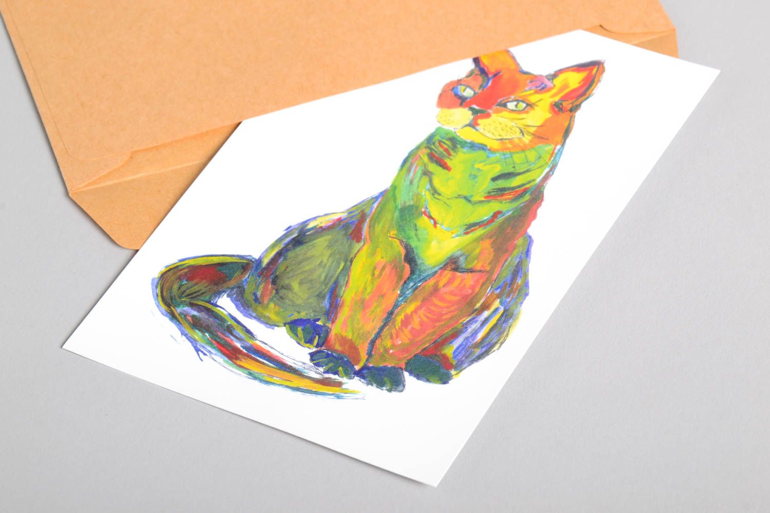 Schöne Grusskarte handmade Künstler Karte mit Katze Grußkarte Papier bemalt foto 4