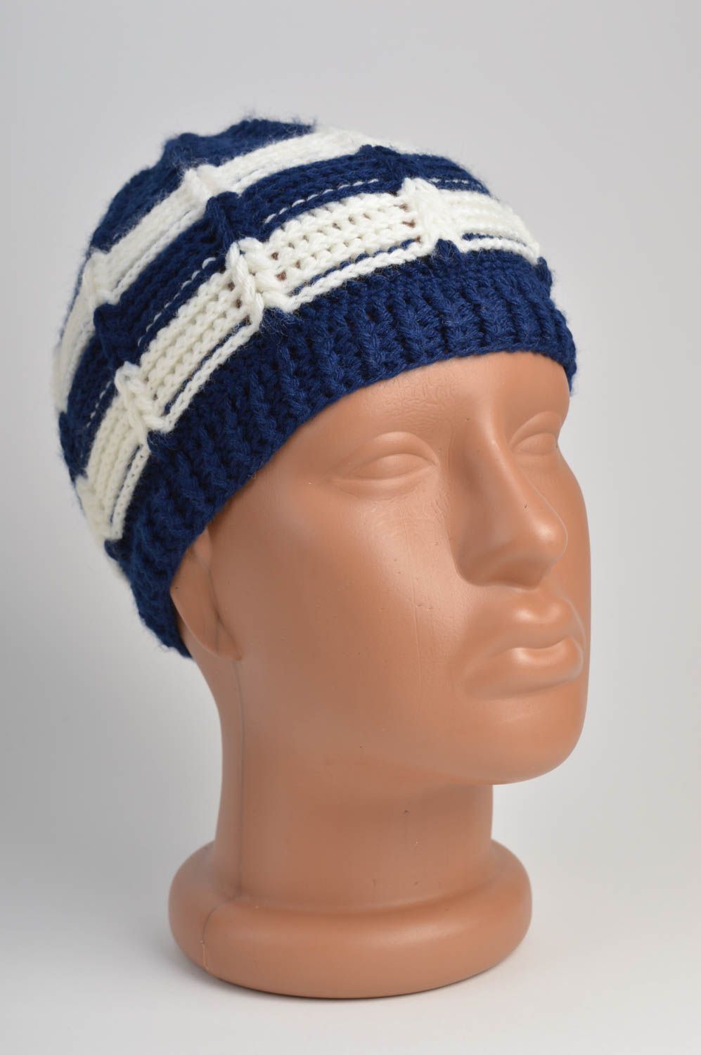 Bonnet tricot fait main Chapeau au crochet bleu blanc rayé Vêtement enfant photo 2