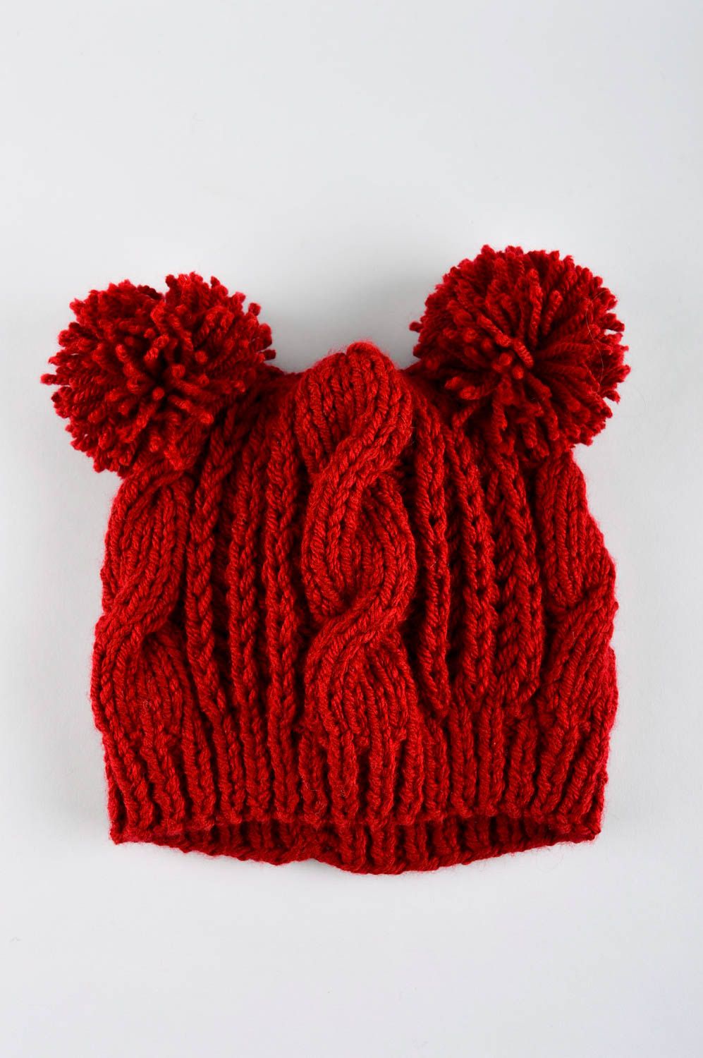 Bonnet tricot Accessoire d'hiver fait main rouge 2 pompons Accessoire femme photo 5