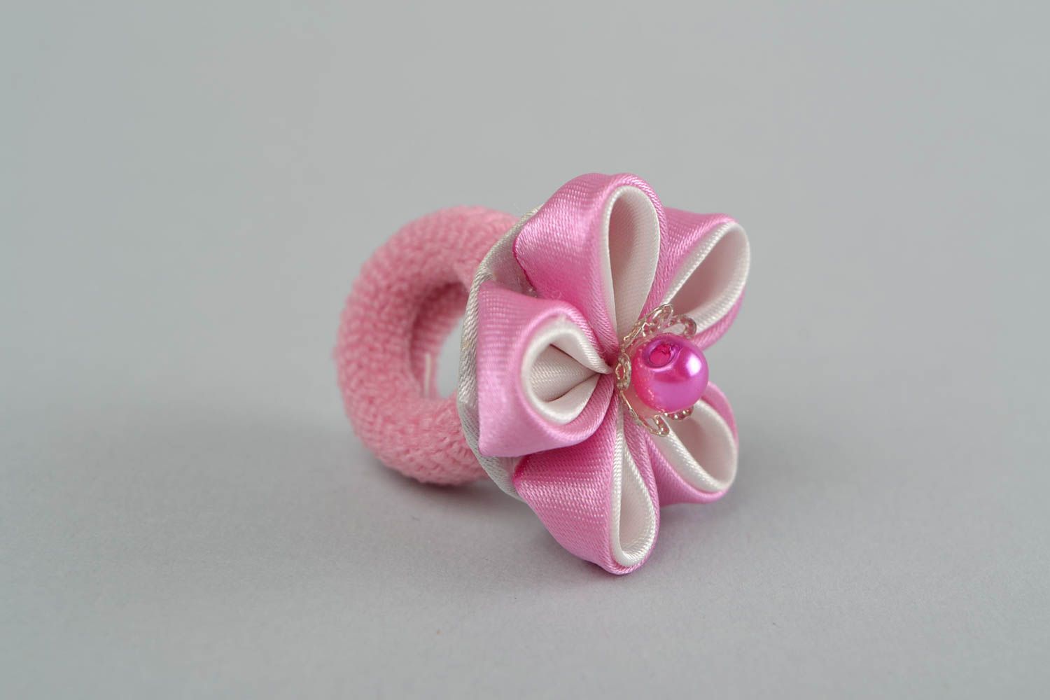 Designer hair tie in shape of flower with bead made using kanzashi technique  photo 4