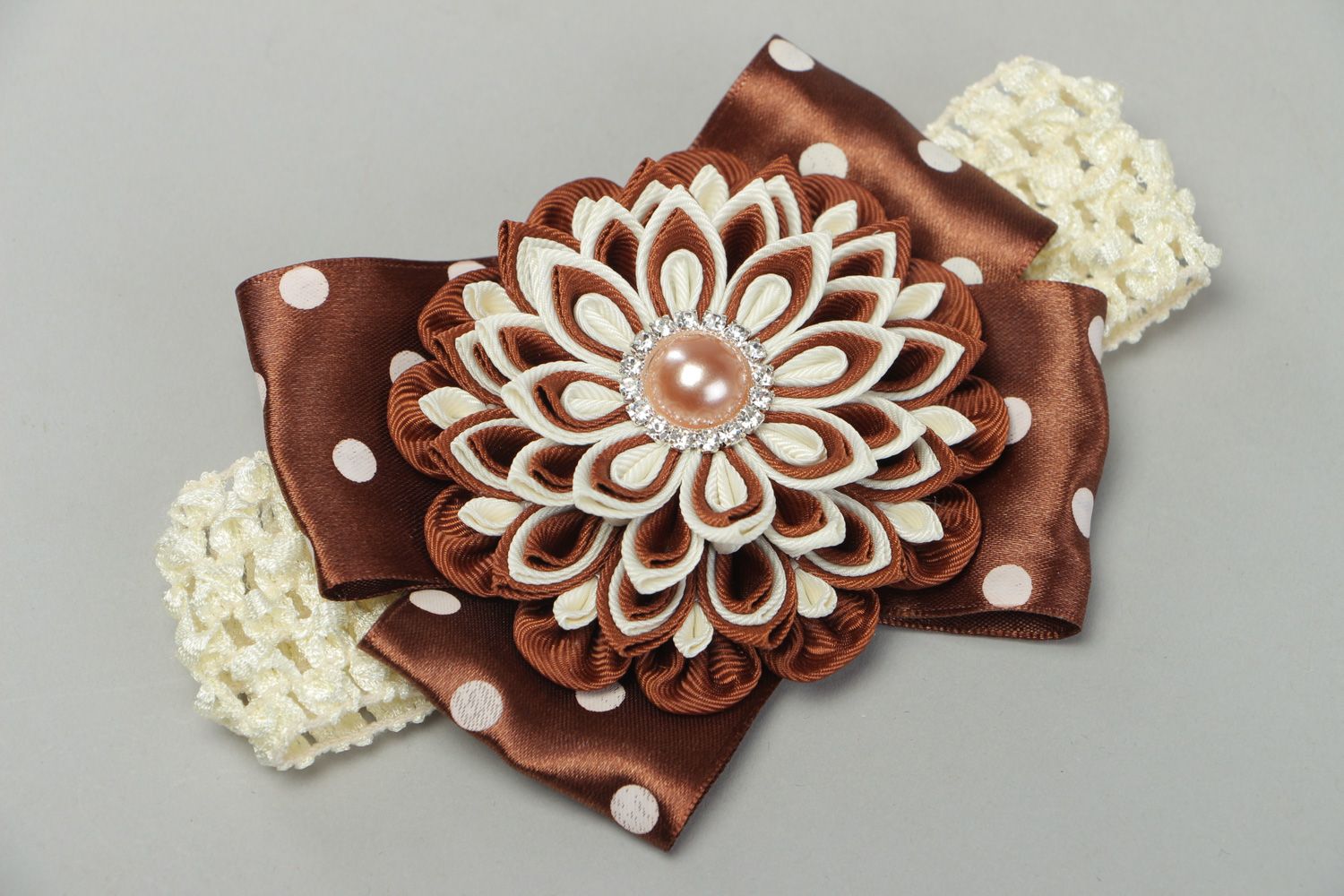 Designer handmade elastic headband with kanzashi flower of brown color  photo 1