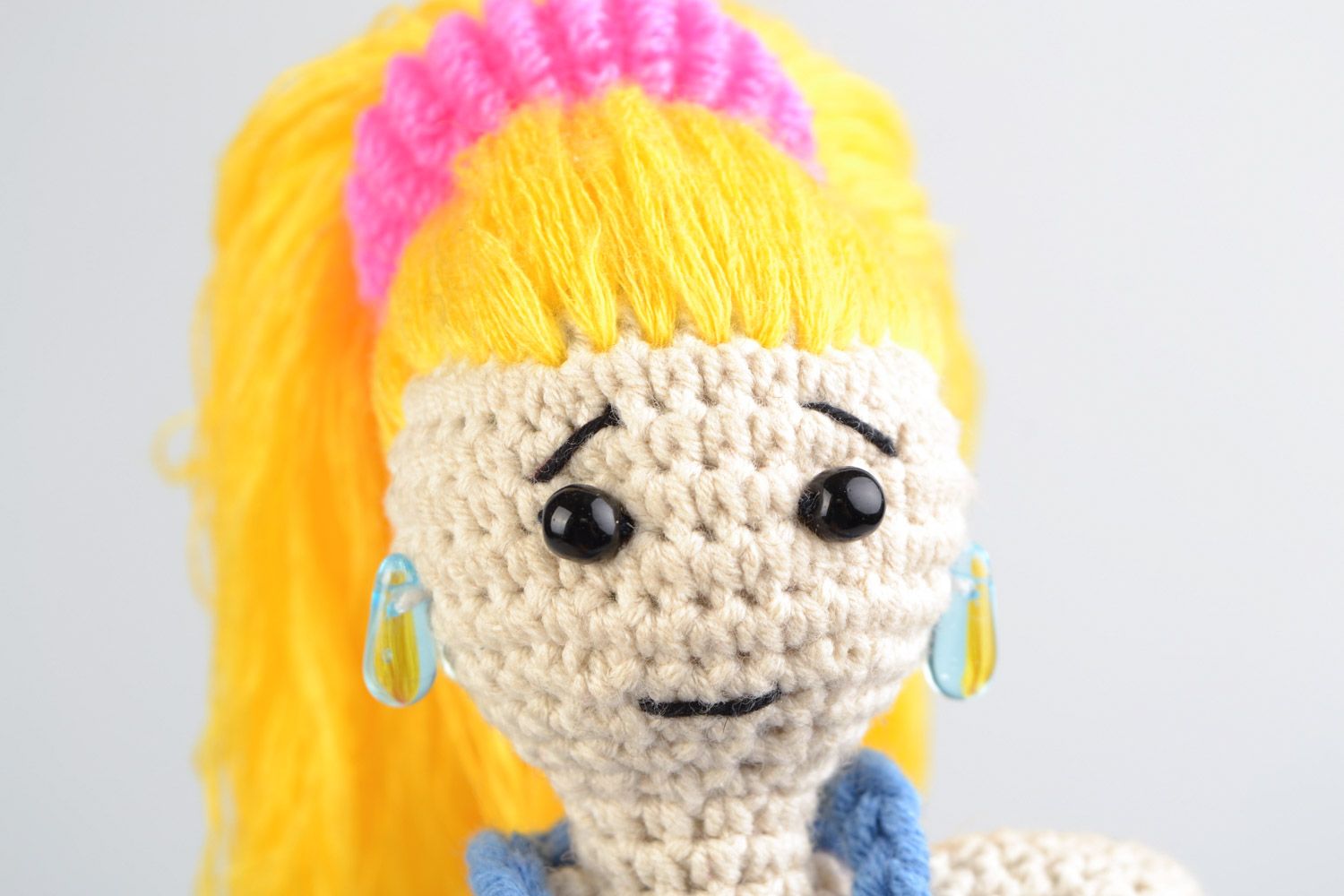 Handmade soft toy crocheted of cotton and acrylic threads Girl with long hair photo 4