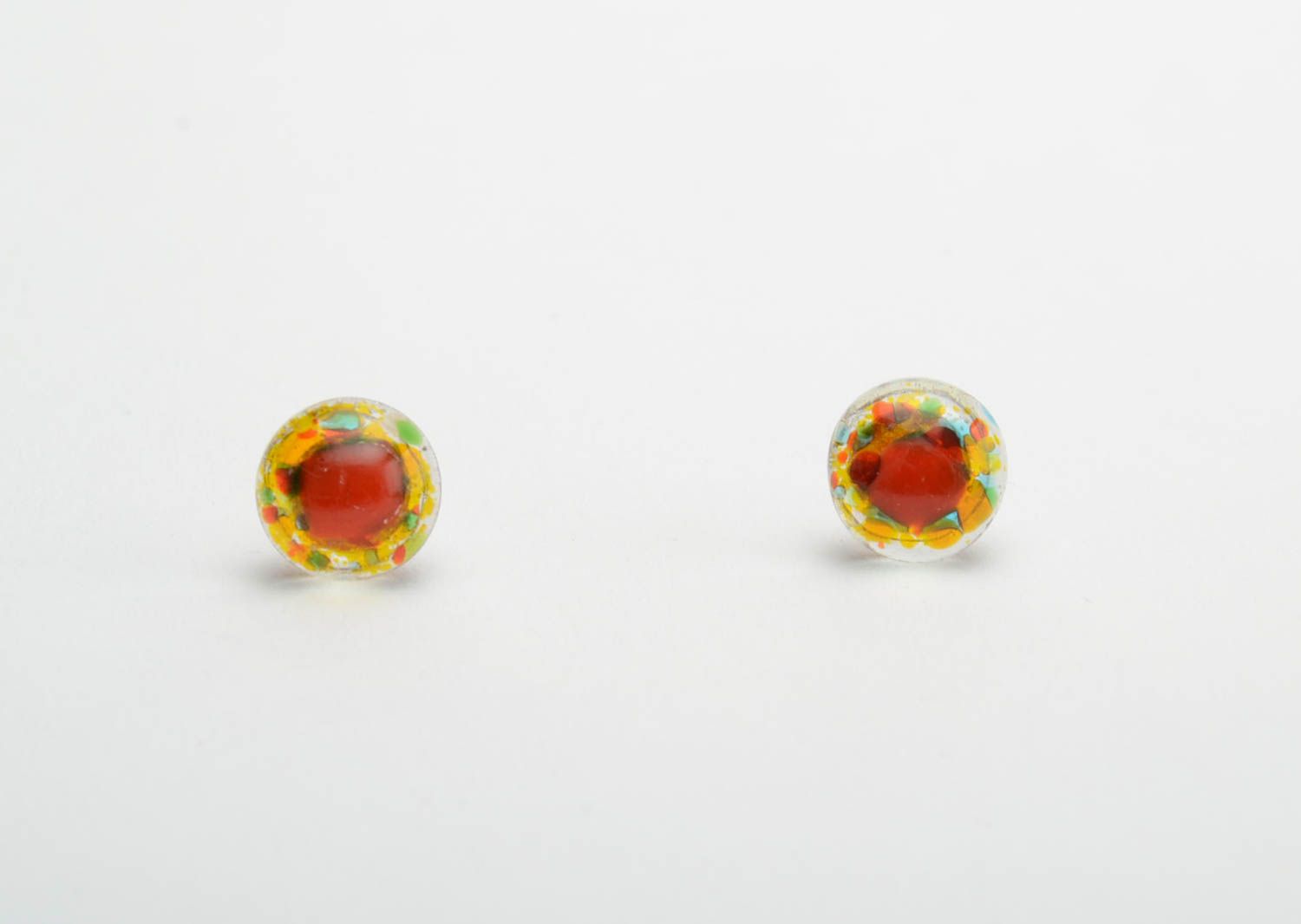 Small stud earrings of round shape glass fusing technique handmade accessory photo 5