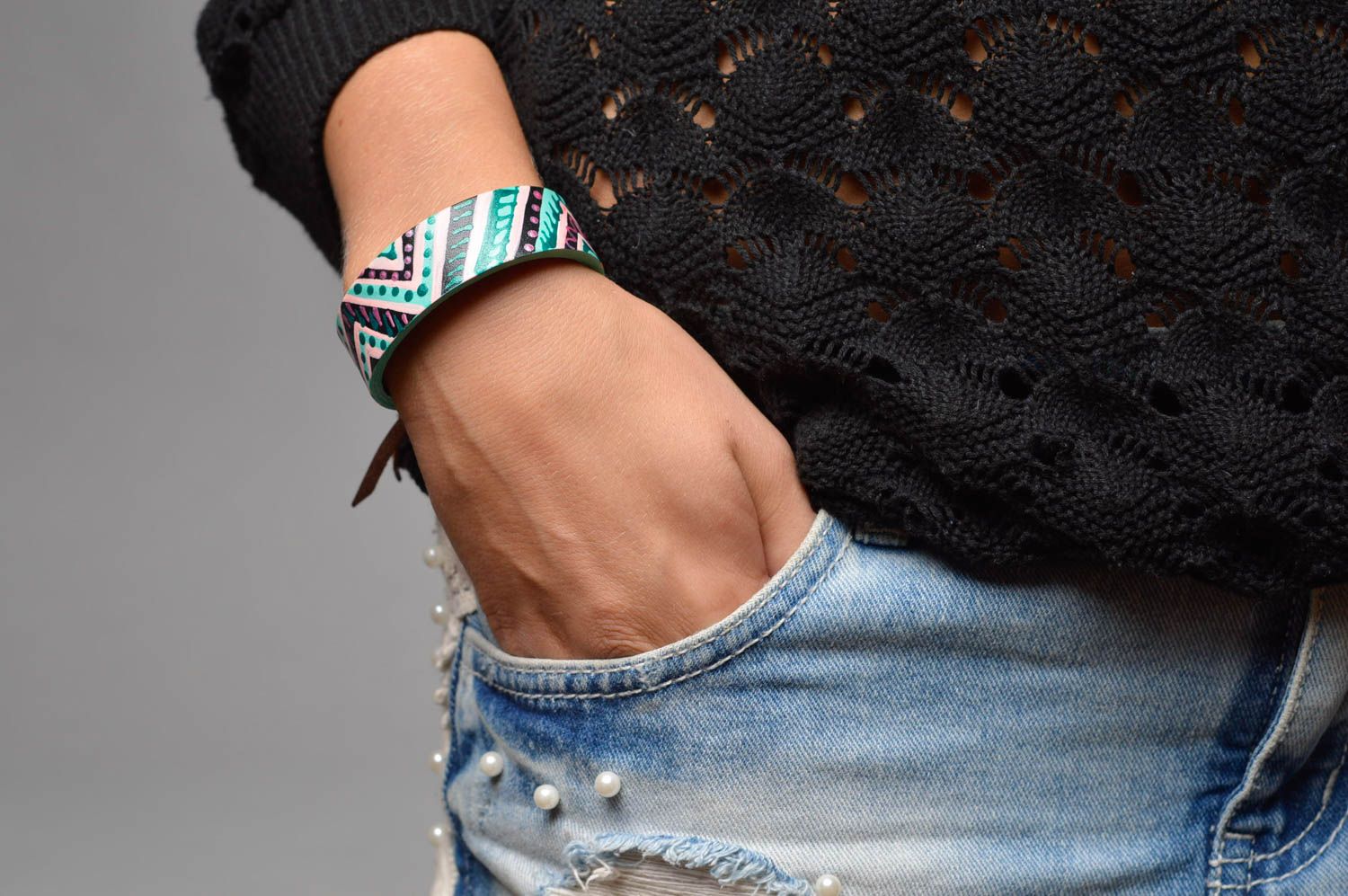 Bracelet cuir naturel Bijou fait main motif peint de couleurs Accessoire femme photo 5
