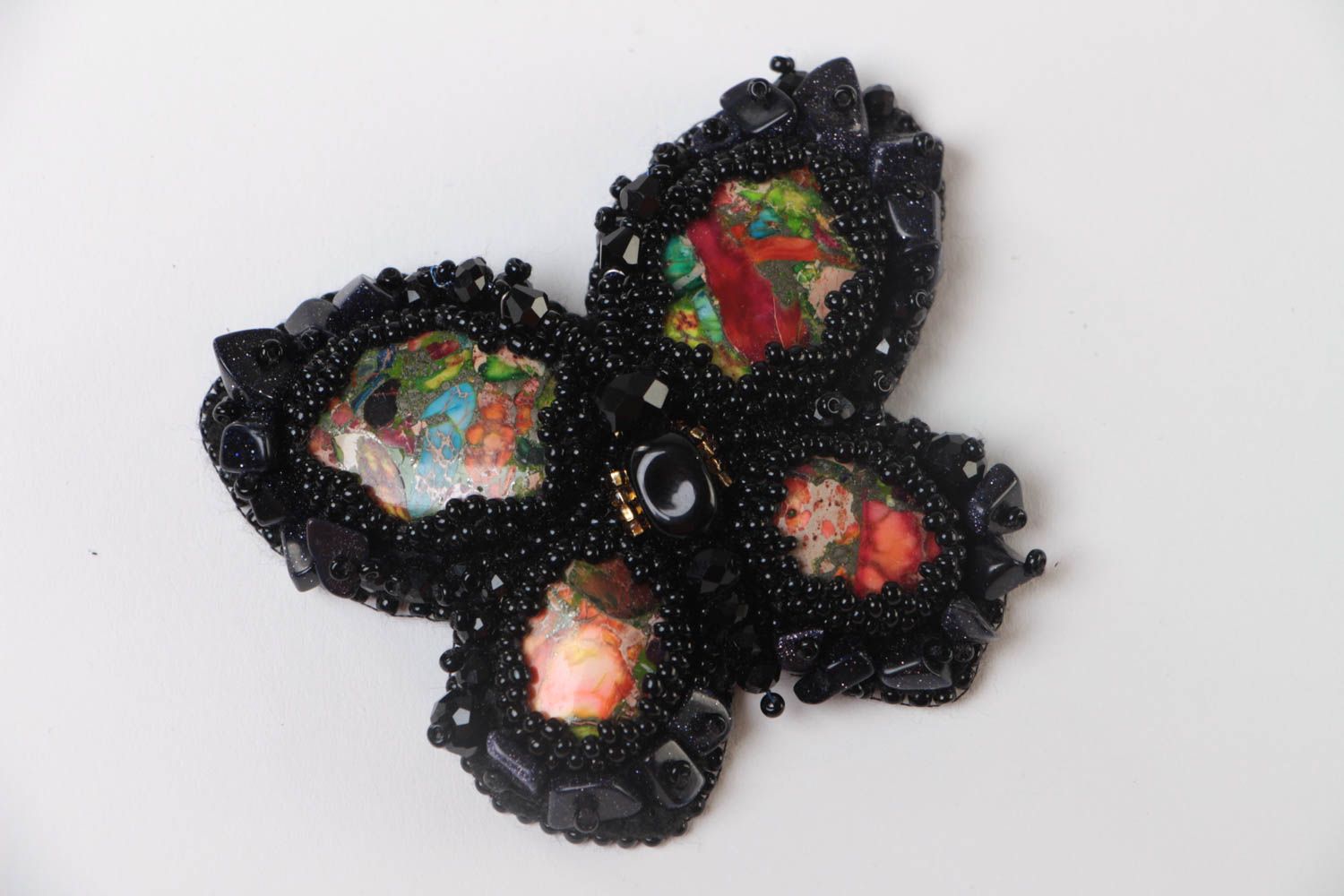 Handmade designer black brooch embroidered with beads and crystals Butterfly photo 2