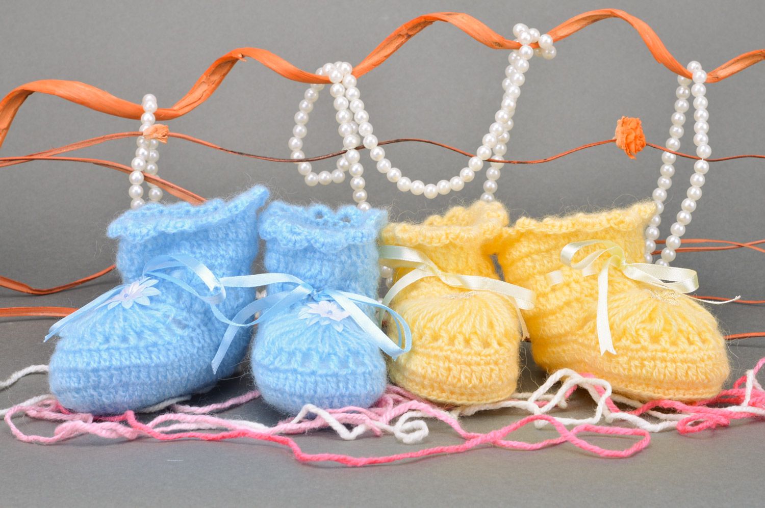 A set of hand-crocheted baby booties made of acrylic yarns two pairs of yellow and blue colors photo 5
