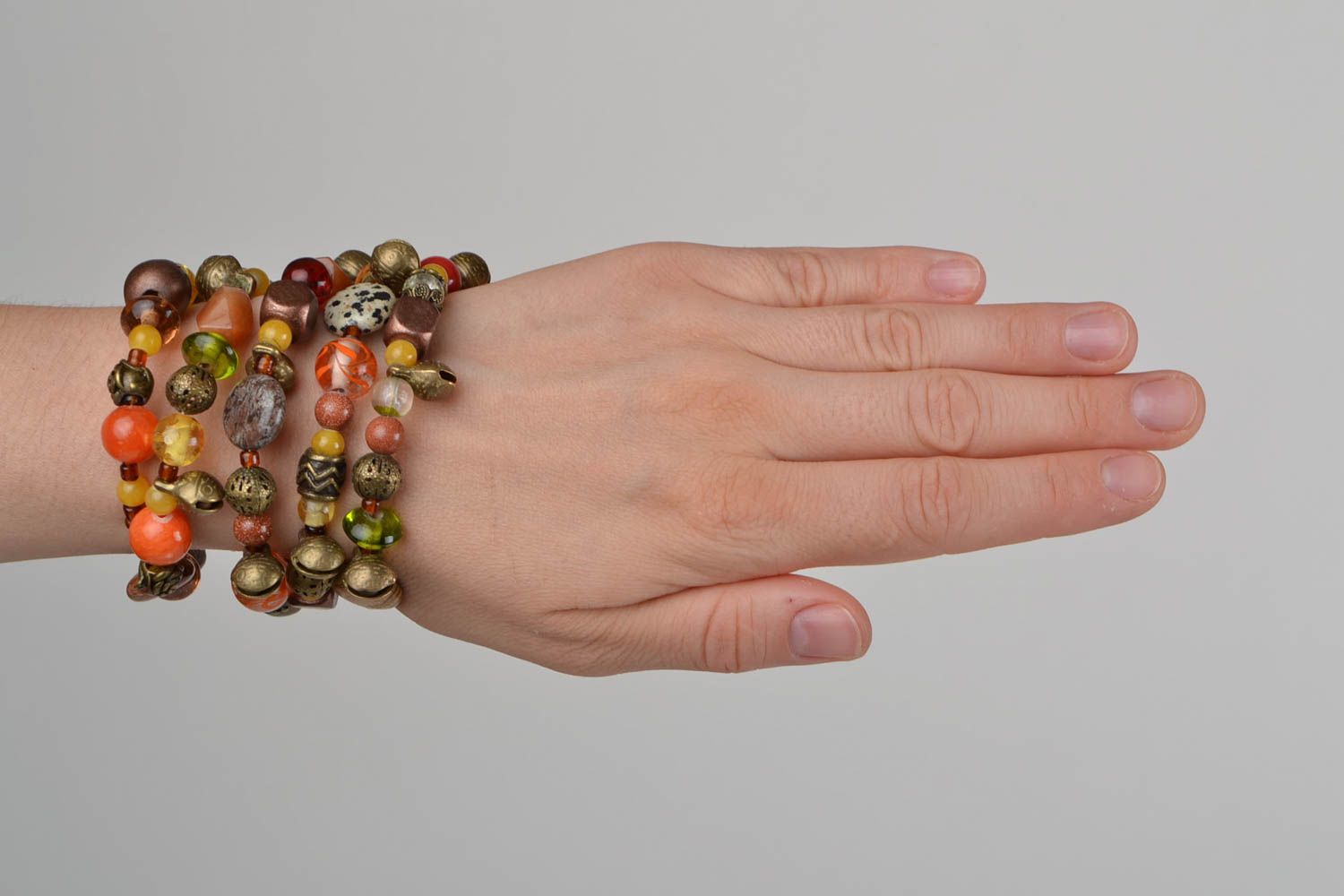 Handmade colorful multi row natural stone wrist bracelet with jasper aventurine photo 2