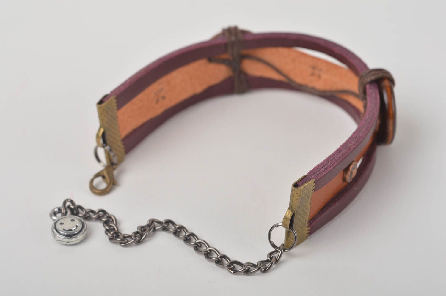 Bracelet cuir Bijoux fait main design original brun avec bois Accessoire femme photo 5