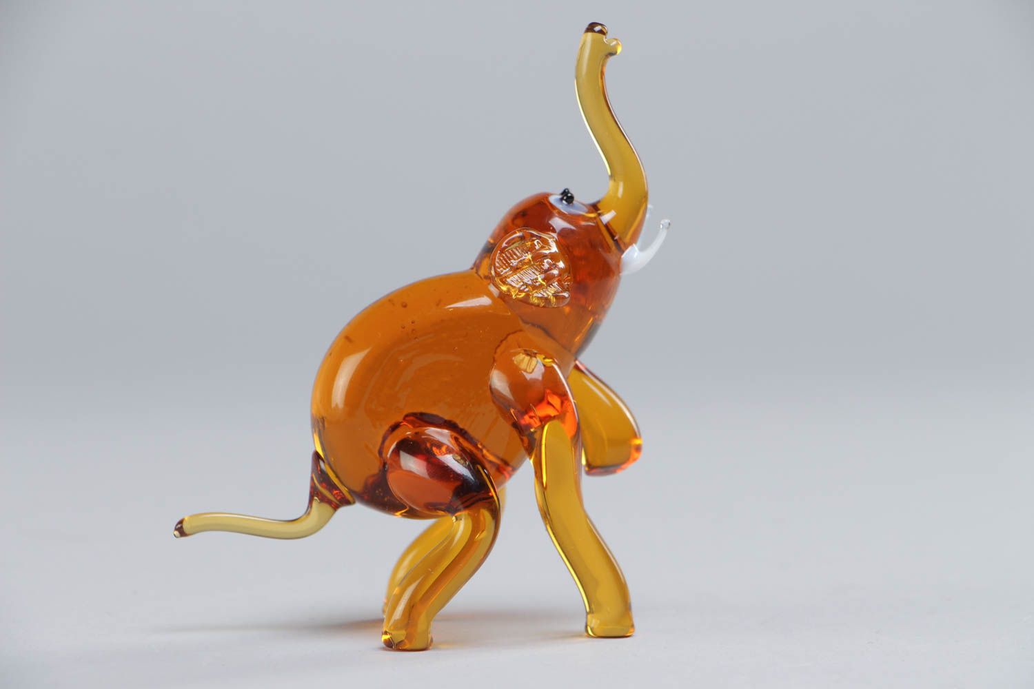 Handmade collectible lampwork glass miniature animal figurine of orange elephant photo 2