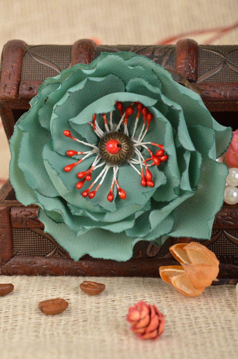 Brooch hair clip made of fabric lush green flower handmade designer accessory photo 1