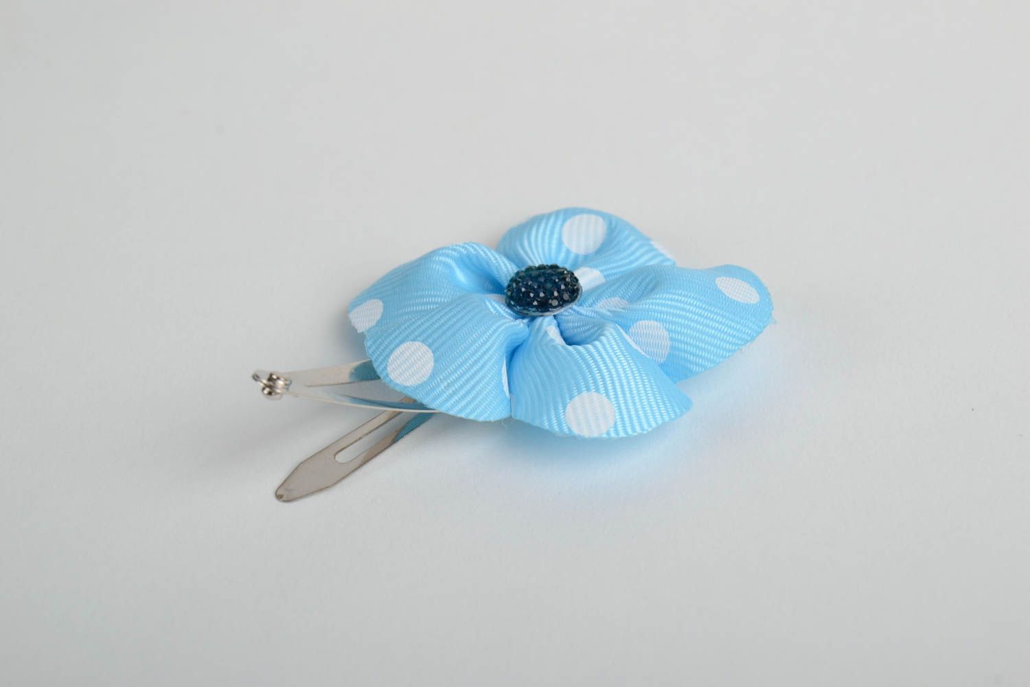 Homemade small decorative hair clip with ribbon flower in blue color with dots photo 2