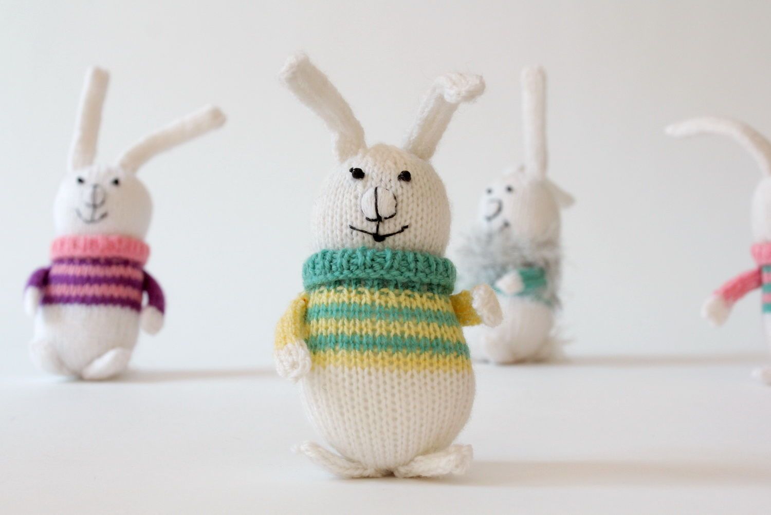 Knitted toy Baby rabbit in yellow-green sweater photo 5