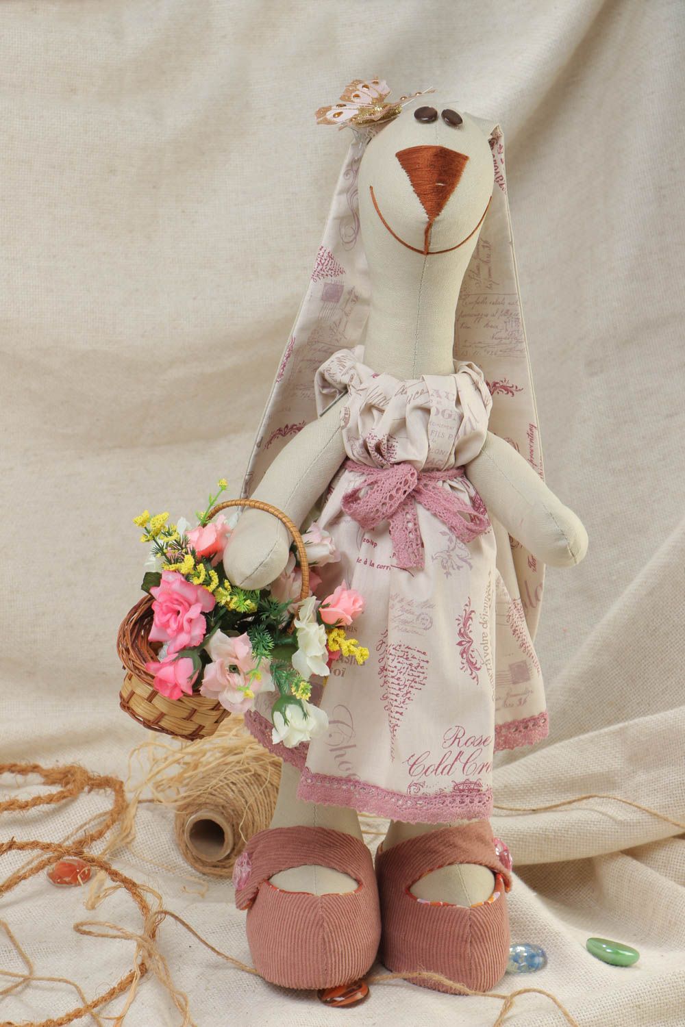Handmade fabric soft toy for interior decoration Rabbit with Flower Basket  photo 1