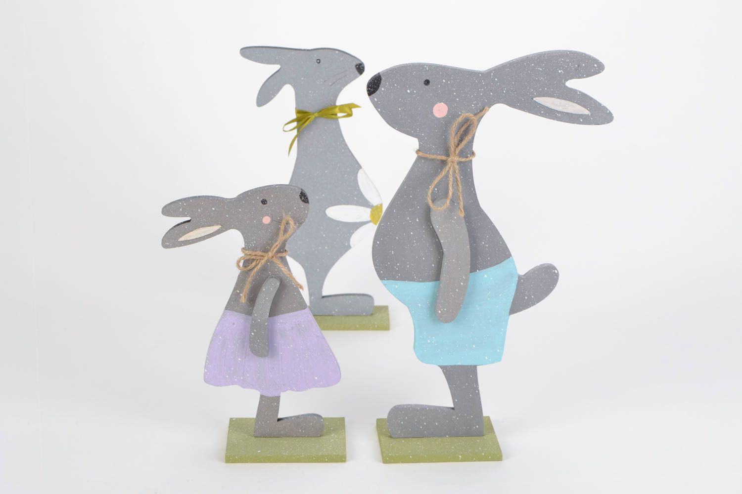 Set of 3 handmade wooden toy rabbits mother father and child painted with acrylics photo 3