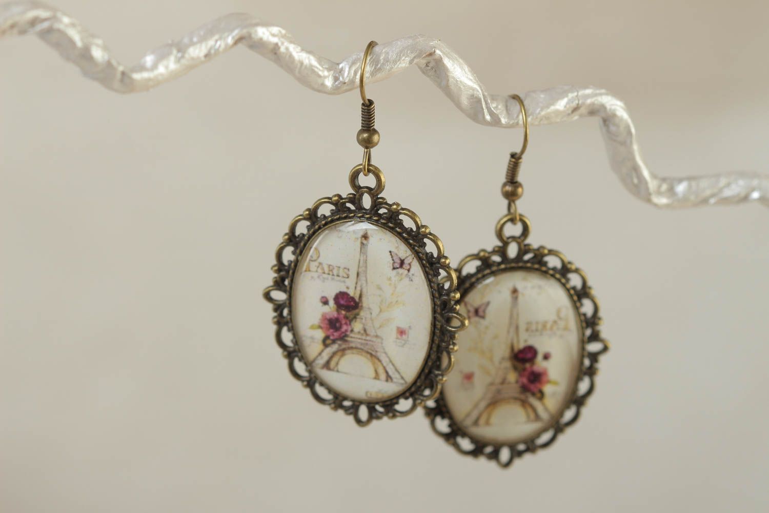 Vintage oval handmade glass glaze earrings Spring Paris photo 1