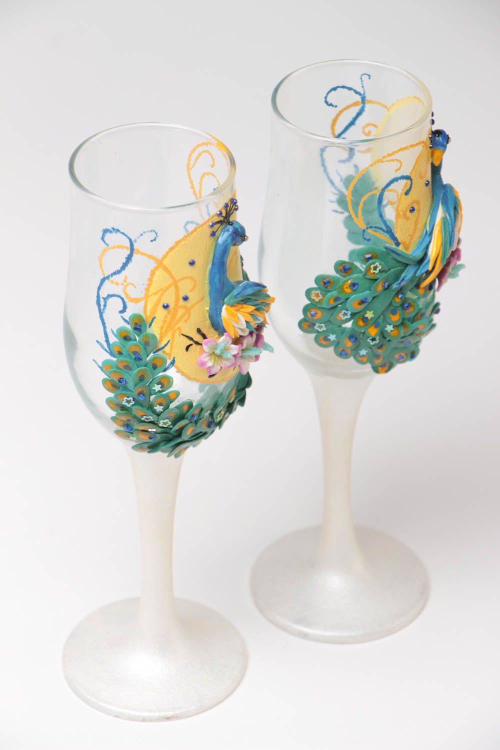 Handmade 2 decorative painted wedding champagne glasses with molded elements photo 2