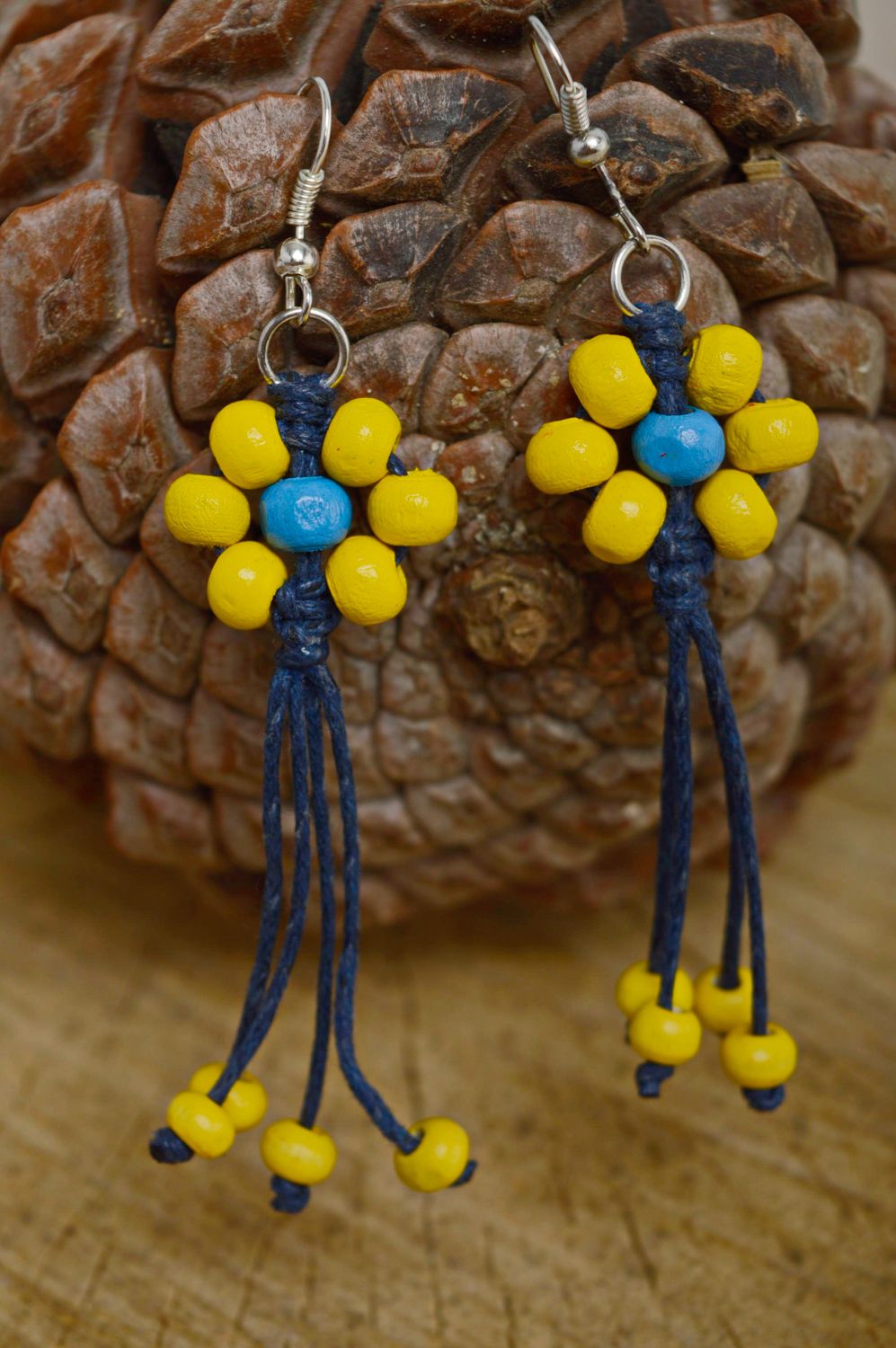 Macrame earrings with wooden beads photo 1