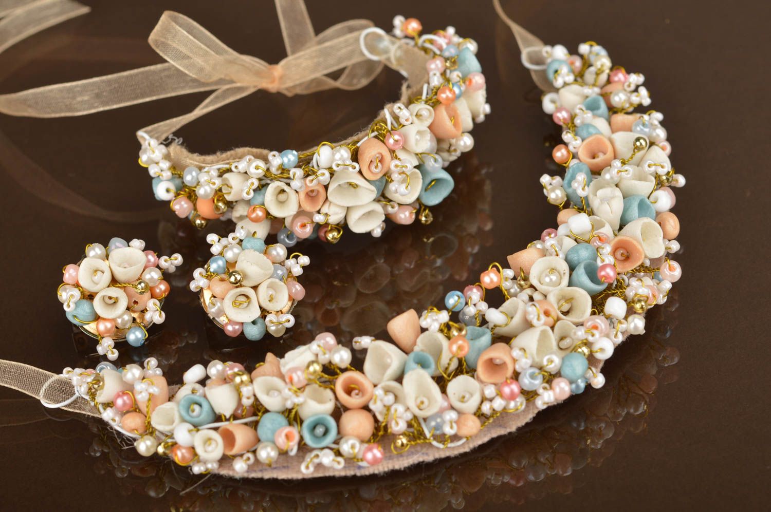 Ensemble de collier boucles d'oreilles et bracelet en pâte polymère Fleurs  photo 2