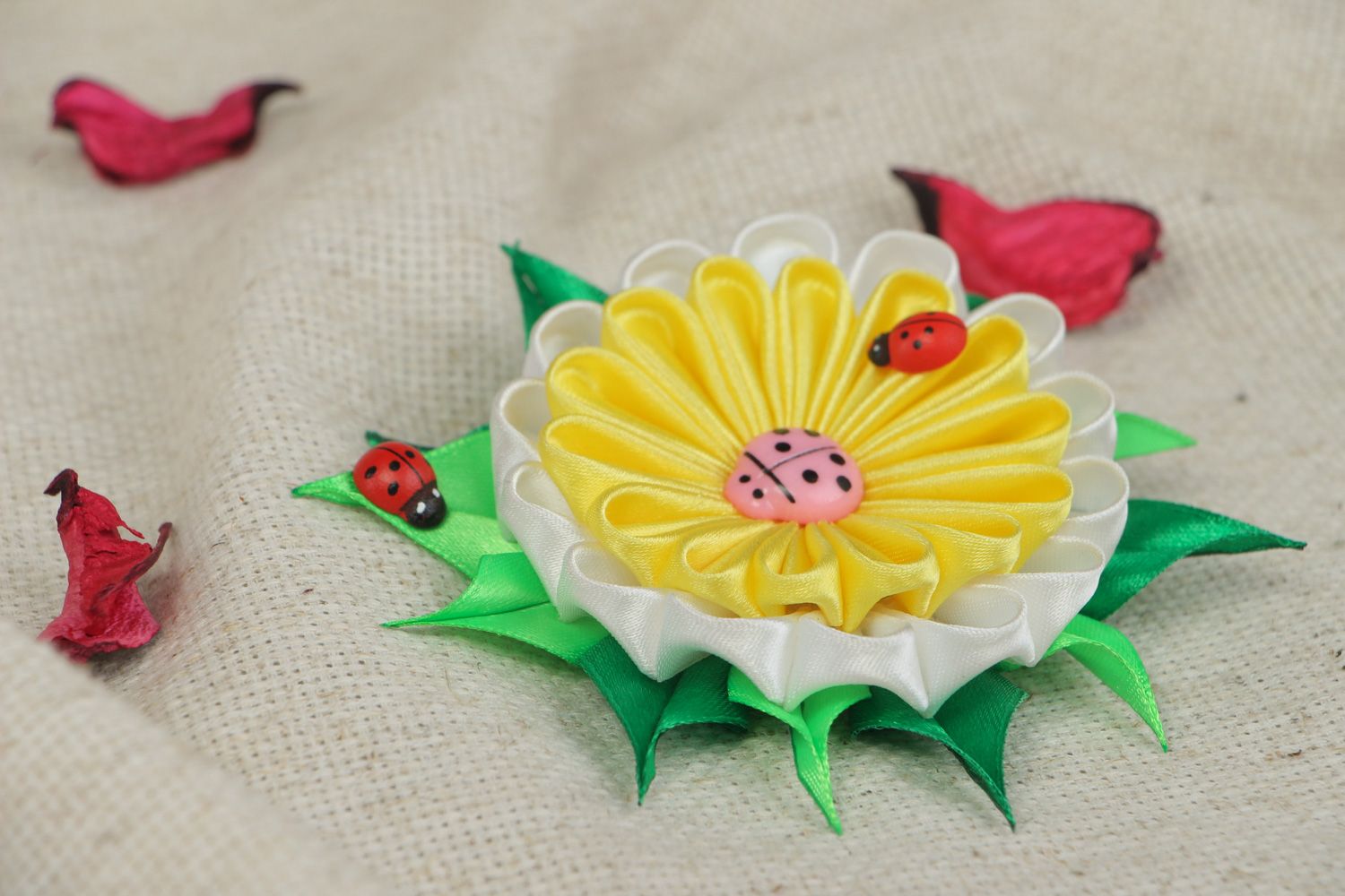 Bright handmade hair clip with yellow kanzashi flower and decorative ladybirds photo 5