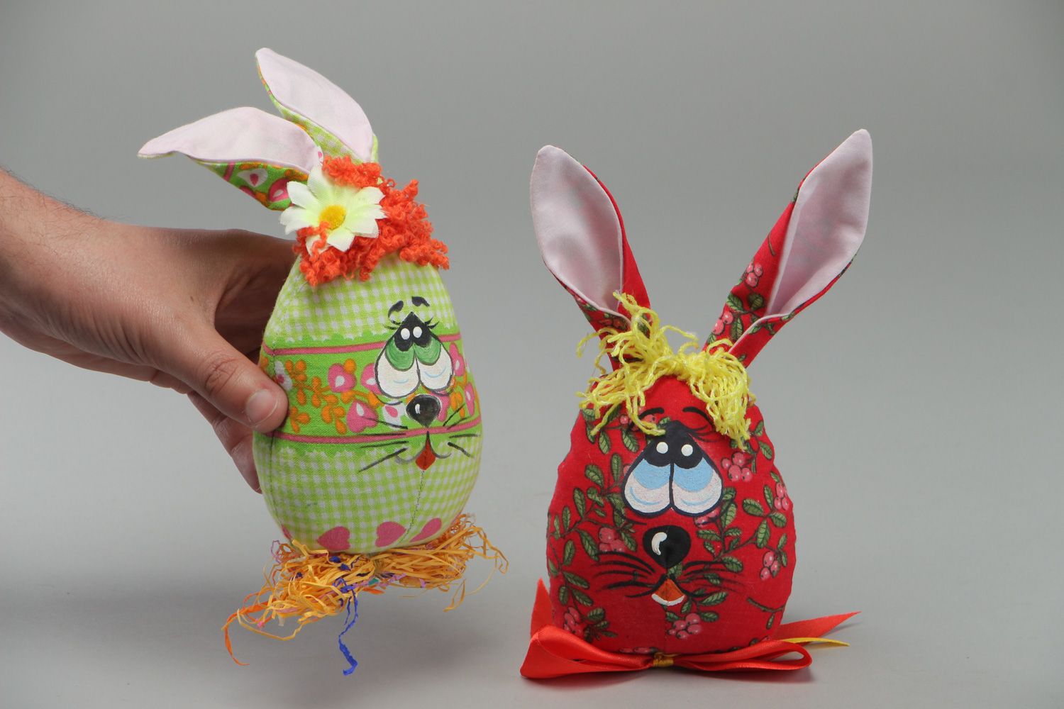 Handmade beautiful interior soft toys Rabbits sewn of fabric Easter decorations photo 4