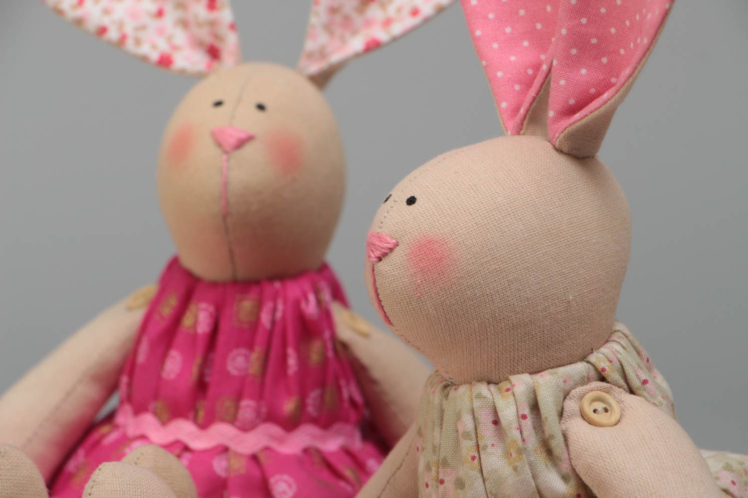 Set of 2 handmade designer cotton fabric soft toys rabbit girls in pink dresses photo 3